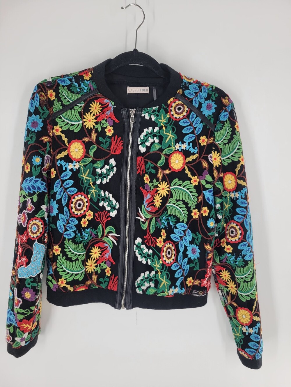 Gaby & Eden Embroidered Floral Bomber Jacket - Black Leather Trim Size M
